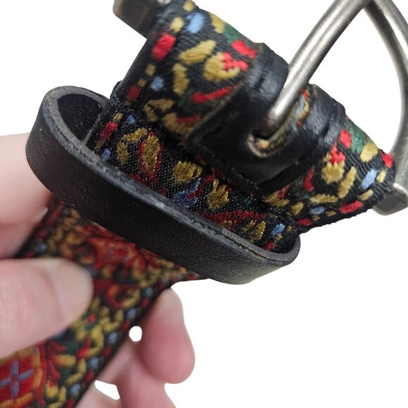 Vintage Floral Embroidered Leather Belt Silver Buckle Boho Tapestry Woven 32 - Picture 6 of 8
